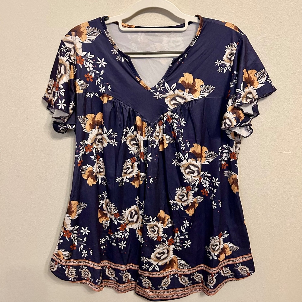 Navy Blue Floral Loose Fit Top, Flutter Sleeves, Size Small